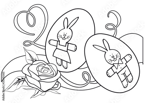 illustrazione solo contorno da colorare con uova decorate e rosa