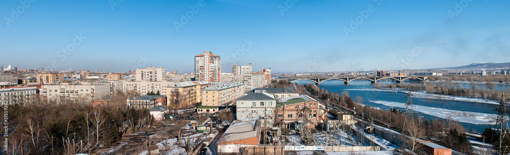 View on Krasnoyarsk and bridge over the Enisei river. Russia