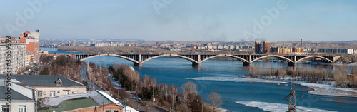 View on Krasnoyarsk and bridge over the Enisei river. Russia