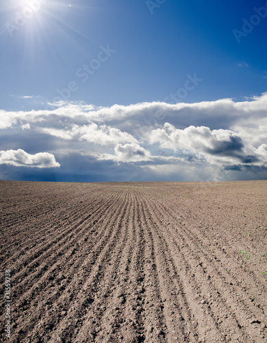 black ploughed field under blue cloudy sky with sun