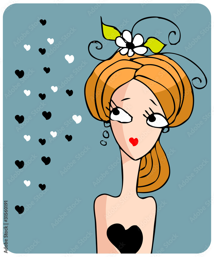 Cartoon woman face sad girl with flower and hearts doodley Cartoon woman face sad girl with flower and hearts doodley