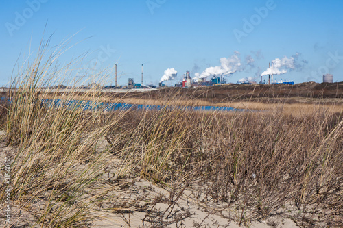 Dutch steel factory seen from the dunes along the coast photo