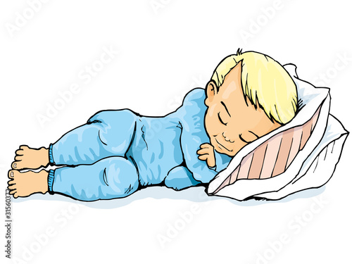 Cartoon of little boy sleeping on a pillow