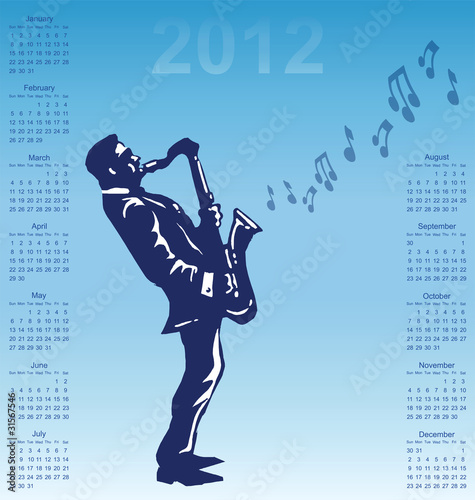 2012 calendar with musician playing the saxophone