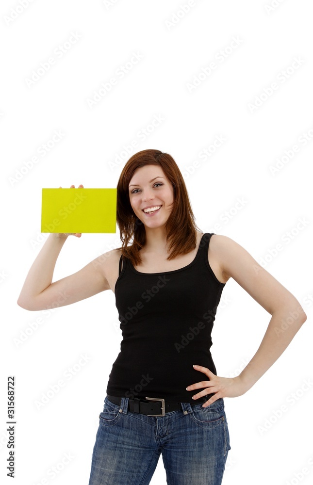 Woman with blank panel for advertising text(white background) Woman with blank panel for advertising text(white background)