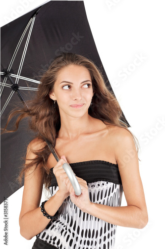 Young beautiful woman with black umbrella portrait