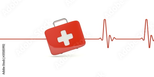 First AID kit with heartbeat isolated on white
