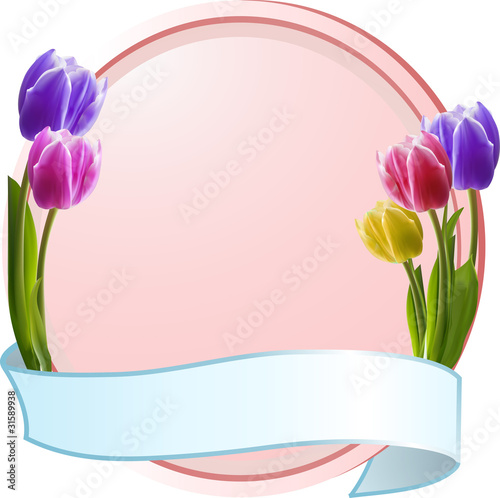 Tulips on a pink border with blue banner