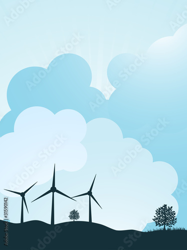 Wind turbines on a mountain against a blue sky