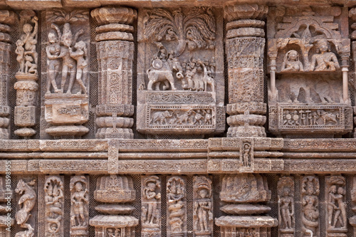 Religious carvings on Hindu Temple at Konark, Orissa, India.