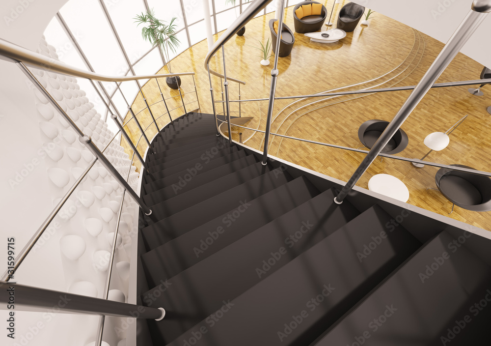 Obraz premium Treppe mit schwarzen Stufen im Wohnzimmer 3d render