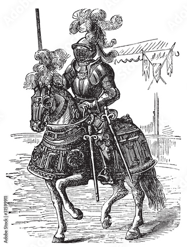 Ironclad full bodied armored horse and rider old engraving photo