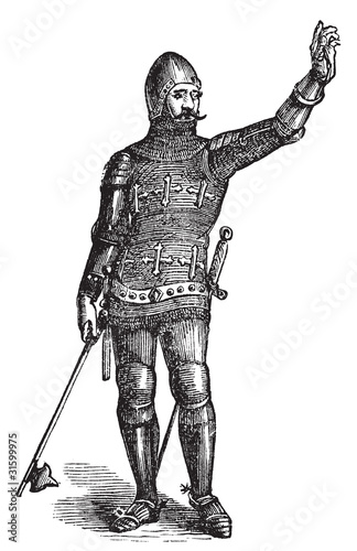 French soldier in armor in 1370, old engraving