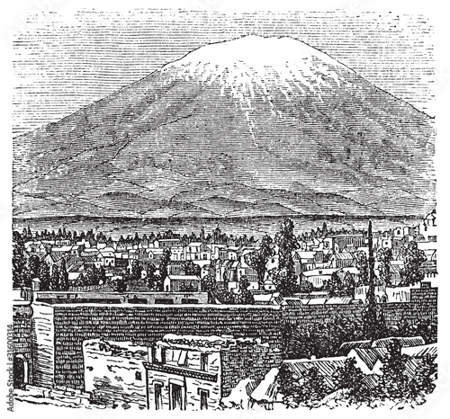 Arequipa and the Misti volcano old engraving, in 1890.