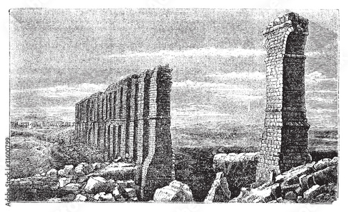 Carthage roman aqueduct ruins old engraving.