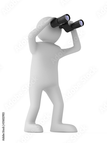 man with binocular on white background. Isolated 3d image