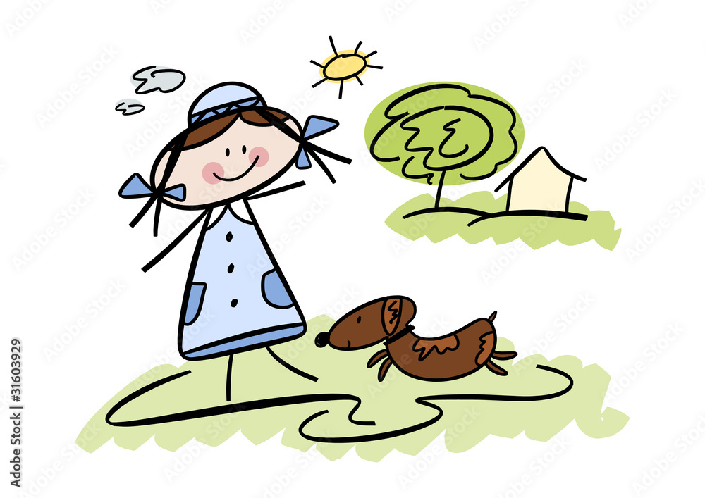 Fototapeta premium Bunte Zeichnung: Fröhliches Mädchen mit Hund