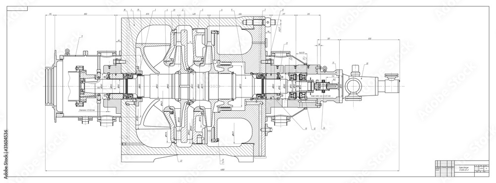 Machine-building drawing. Superchanger. Vector illustration