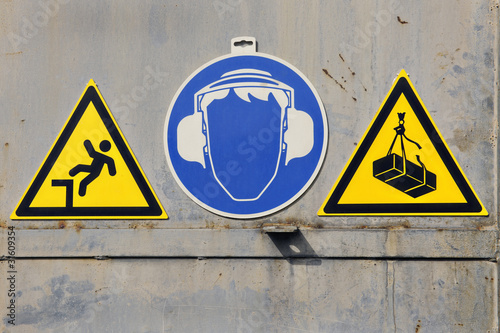 Safety signs on a factory door