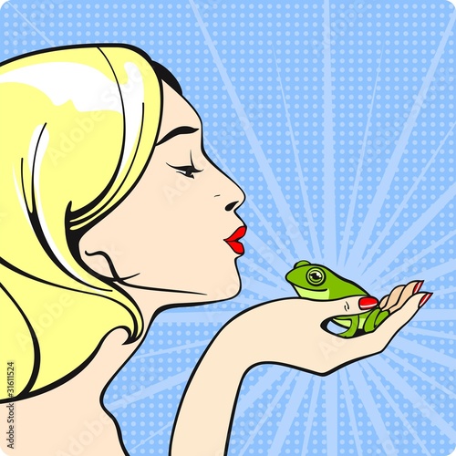 Young woman kissing a frog
