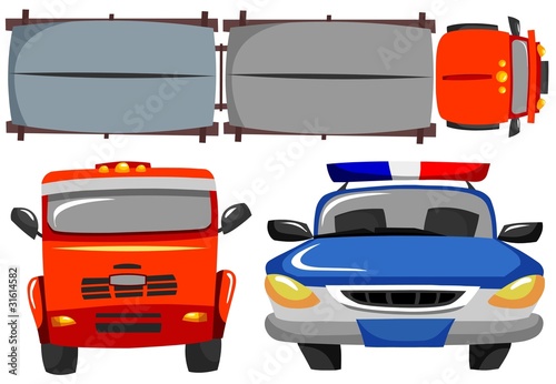 Red truck and patrol car. Vector illustration.