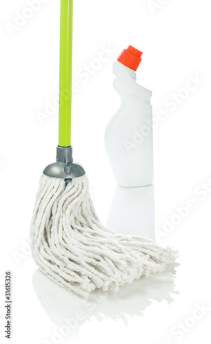 section of cleaning mop with bottle of cleaner