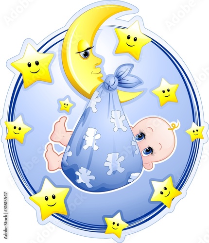 Neonato Bambino con Luna Cartoon-Baby Boy on Moon-Vector