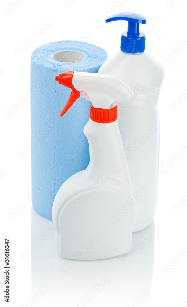 two white kitchen bottle with blue towel two white kitchen bottle with blue towel