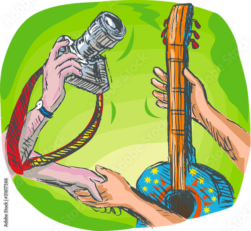 hand holding camera and guitar swapping