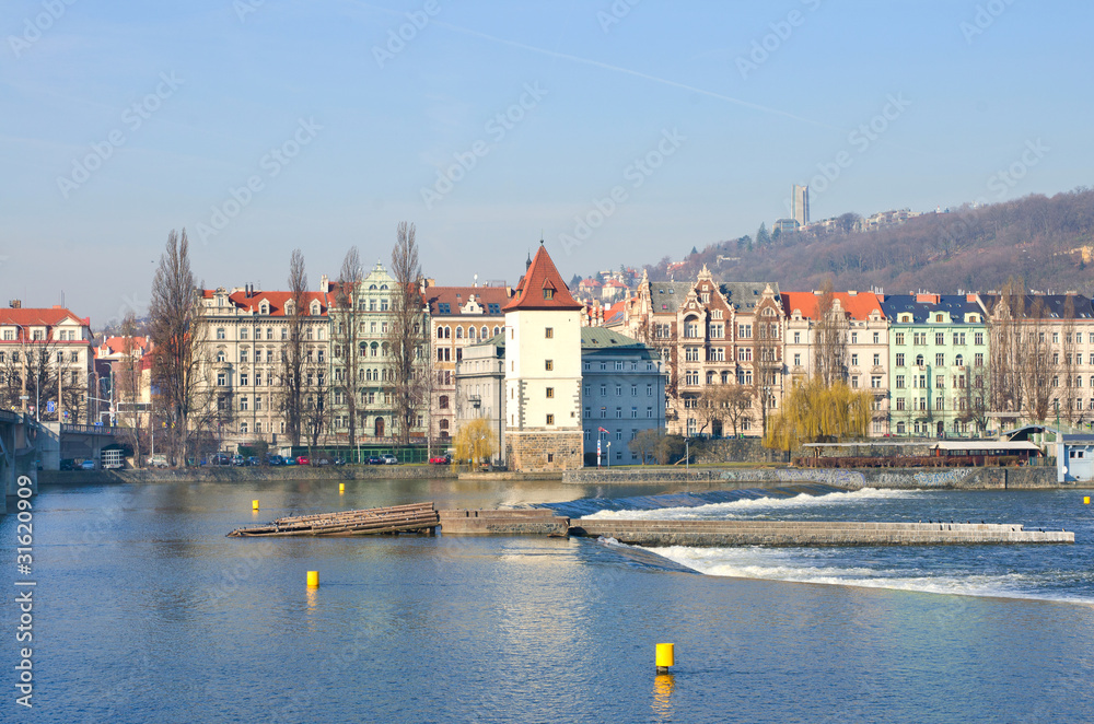 Beautiful Prague Quay in sunny spring day