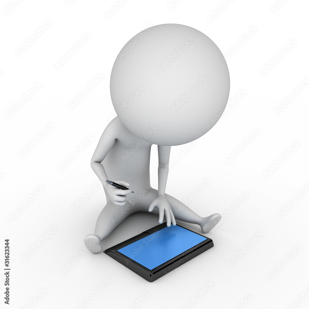 3d rendered illustration of a little guy with a tablet pc