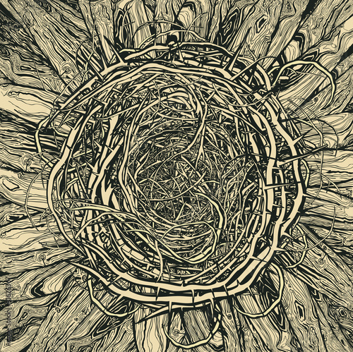 Shaped and unshaped wooden structures. Nest on parquet