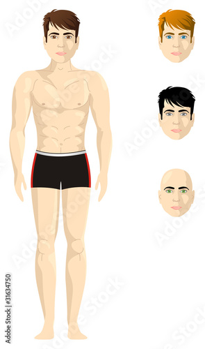 Półnagi mężczyzna, proporcjonalne ciało, różne oczy i włosy