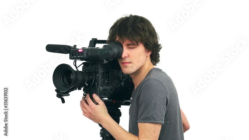 Professional cameraman, isolated on white background
