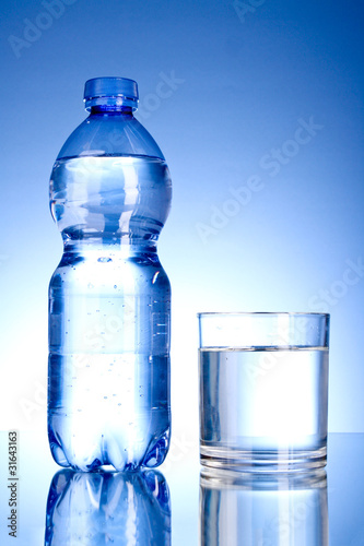 Bottle of water and glass on blue background