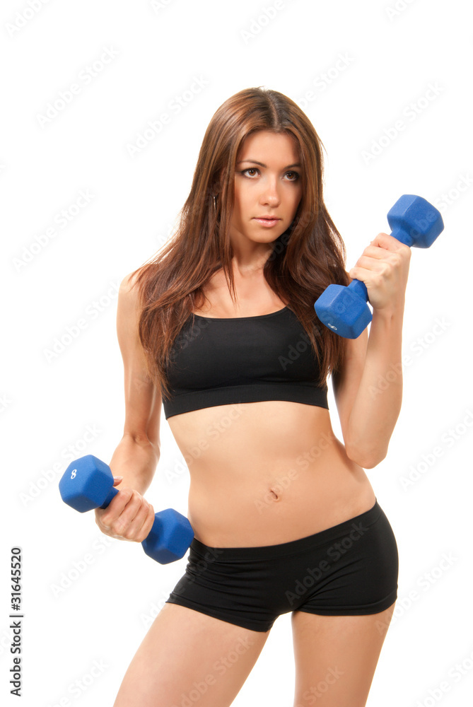 Fitness woman work out with blue dumbbells weights Fitness woman work out with blue dumbbells weights