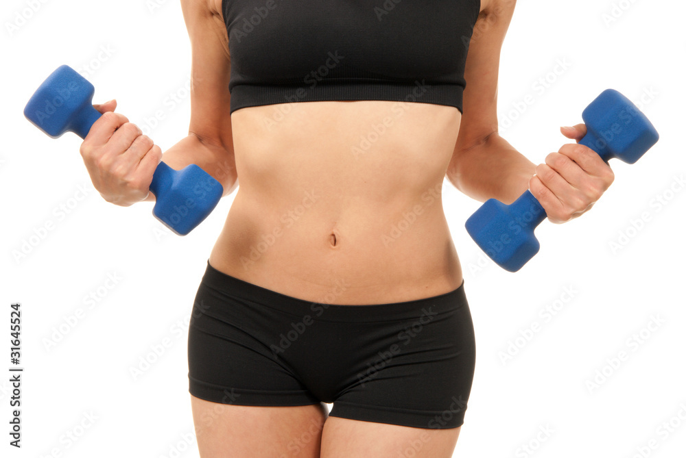 Woman body working out with blue dumbbells Woman body working out with blue dumbbells