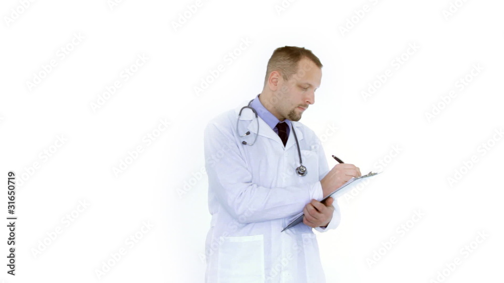 Male doctor writing on clipboard, isolated on white Male doctor writing on clipboard, isolated on white