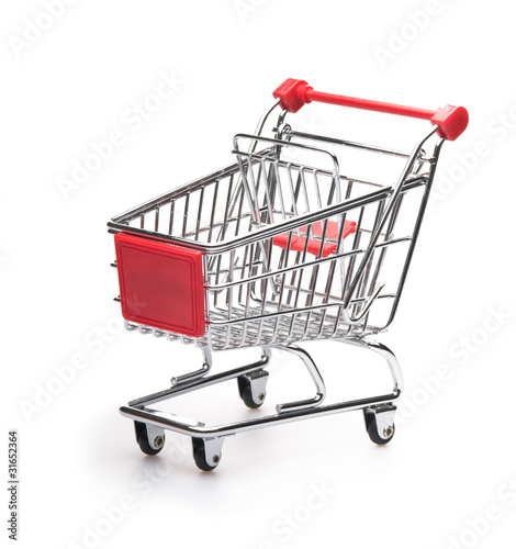 Empty classic silver red shopping cart over white