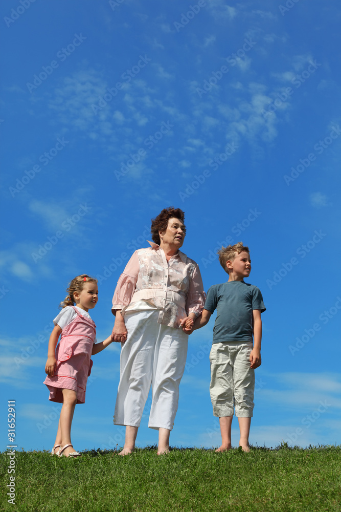 little boy and girl with their grandmother standing on lawn