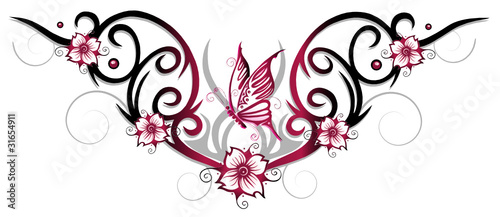 Ranke, Blumen. Tribal, Tattoo, Kirschblüten, Schmetterling