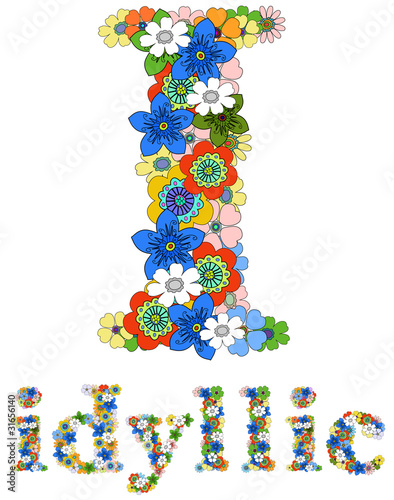 Letter I  and word idyllic floral; vector.