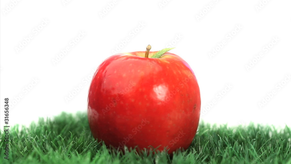 Red apple raised on the grass turning on itself Red apple raised on the grass turning on itself