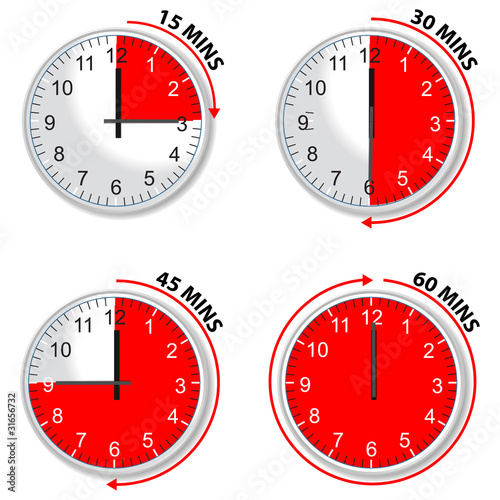 red timer 15 30 45 and 60 minutes isolated on white background