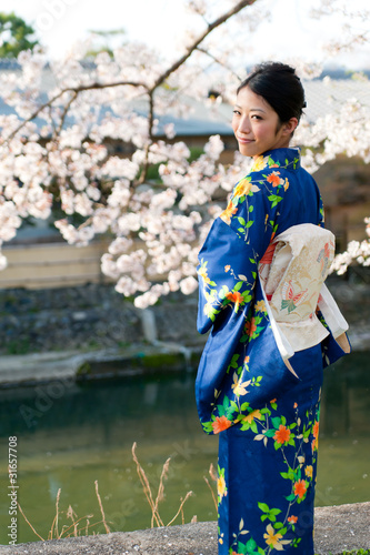japanese kimono woman and cherry blossom