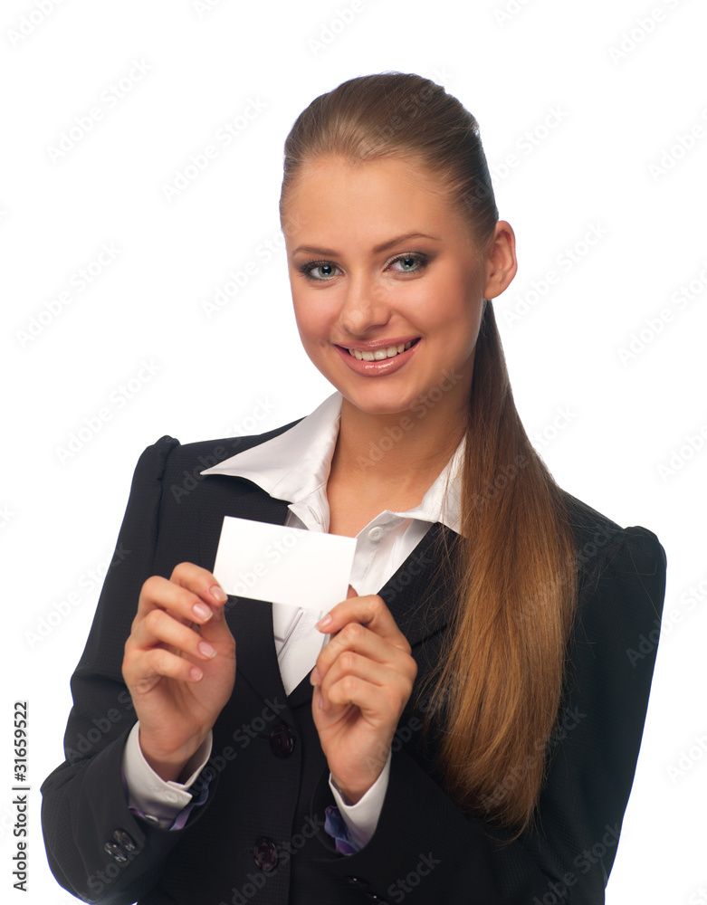 woman manager with a business card woman manager with a business card