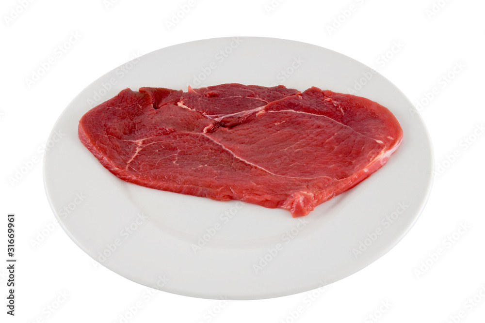 Raw beef schnitzel. Isolated, contains clipping path.