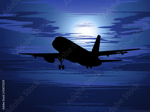 Silhouette of the plane against the evening sky with clouds