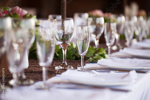 Wine and champagne glasses on table. Selective focus