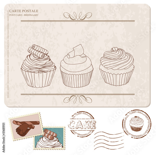 Set of cupcakes on old postcard, with stamps - for design and sc